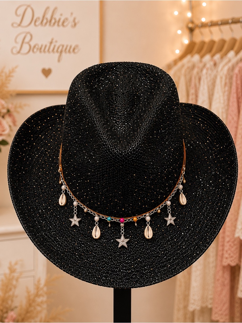 NEW Black Sparkle Cowgirl Hat Adjustable Charm Band Western Boutique